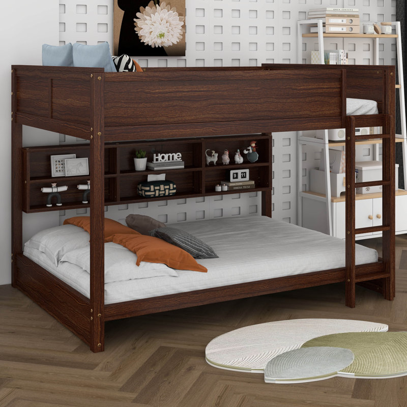 Queen Over Queen Bunk Bed, Solid Wood Bunk Bed Frame With Built-In Storage Cabinets, Station, Ladder, Safety Guardrails