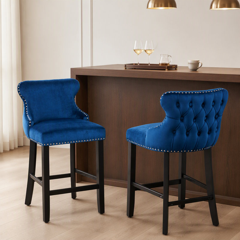 Upholstered Counter Stool with Solid Wood Frame, Blue