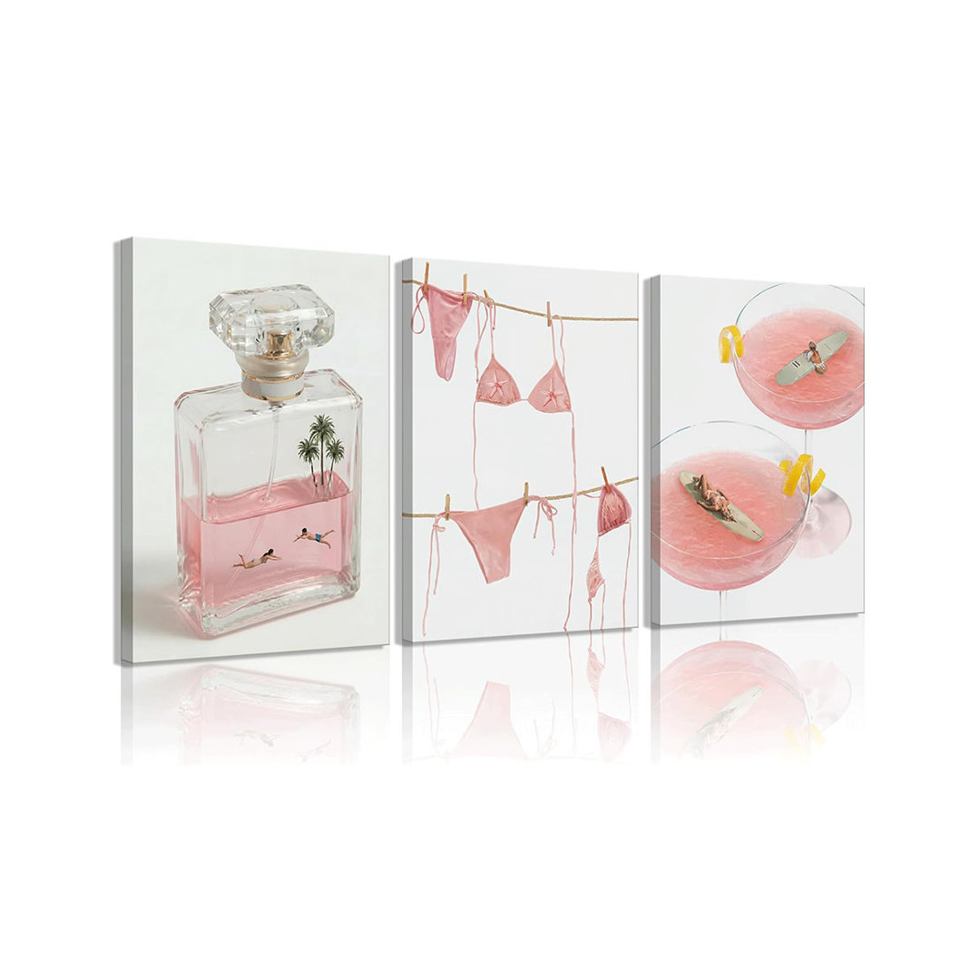 Surreal Beach Life Canvas Wall Art Set Of 3 - Perfume Bottle Bikini Cocktail Glass Tropical Decor Prints For Bedroom Bathroom Living Room, 12X16in
