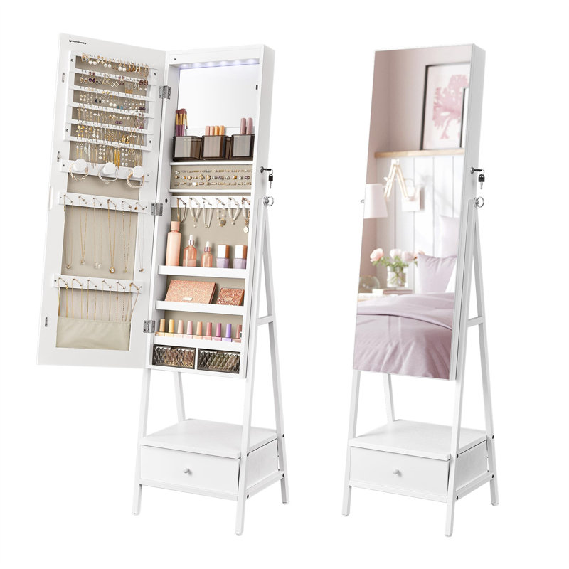 Rustic Brown Jewellery Armoire With Mirror And Bottom Drawer For Women - Large Storage, Built-In Mirror Lights, Extra Storage Outside - Ideal For Face Makeup - 14.6''D X 16.3''W X 61.8''H
