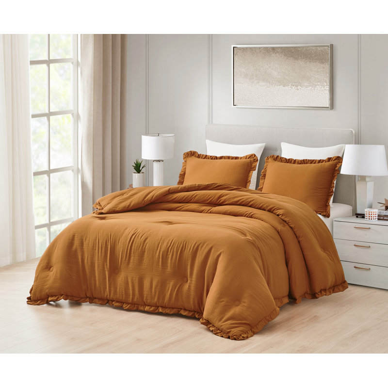 Nora Washed Microfiber Ruffled Comforter Set, Spice, Queen Comforter + 2 Standard Shams