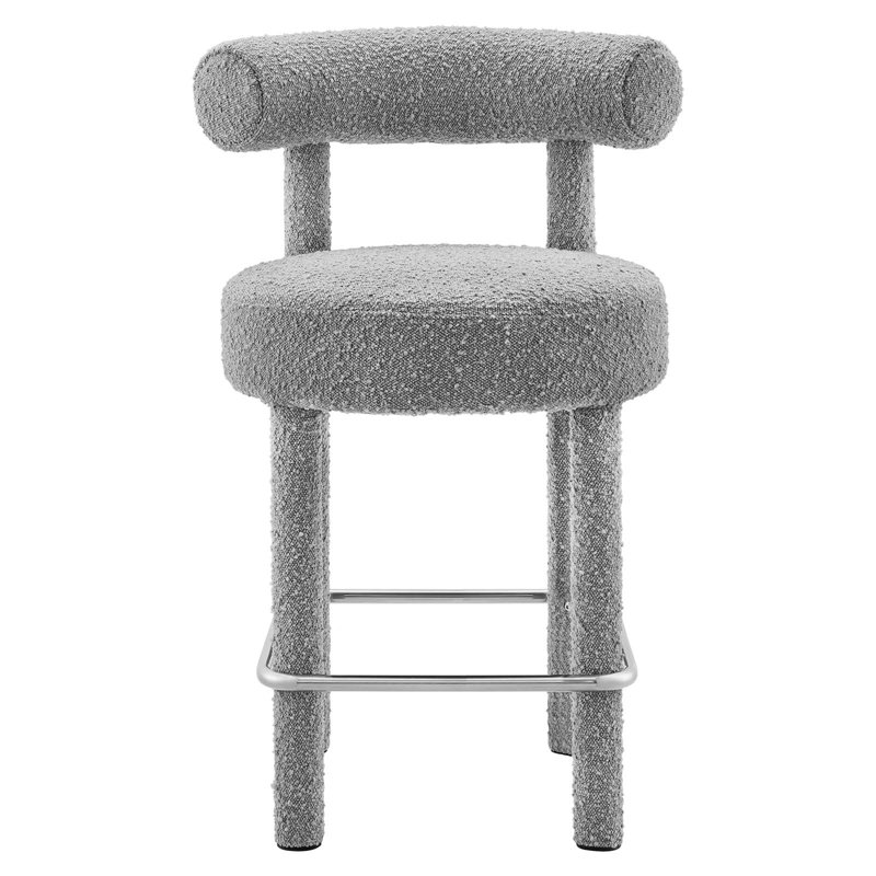 Light Gray Boucle Upholstered Counter Stool with Metal Legs