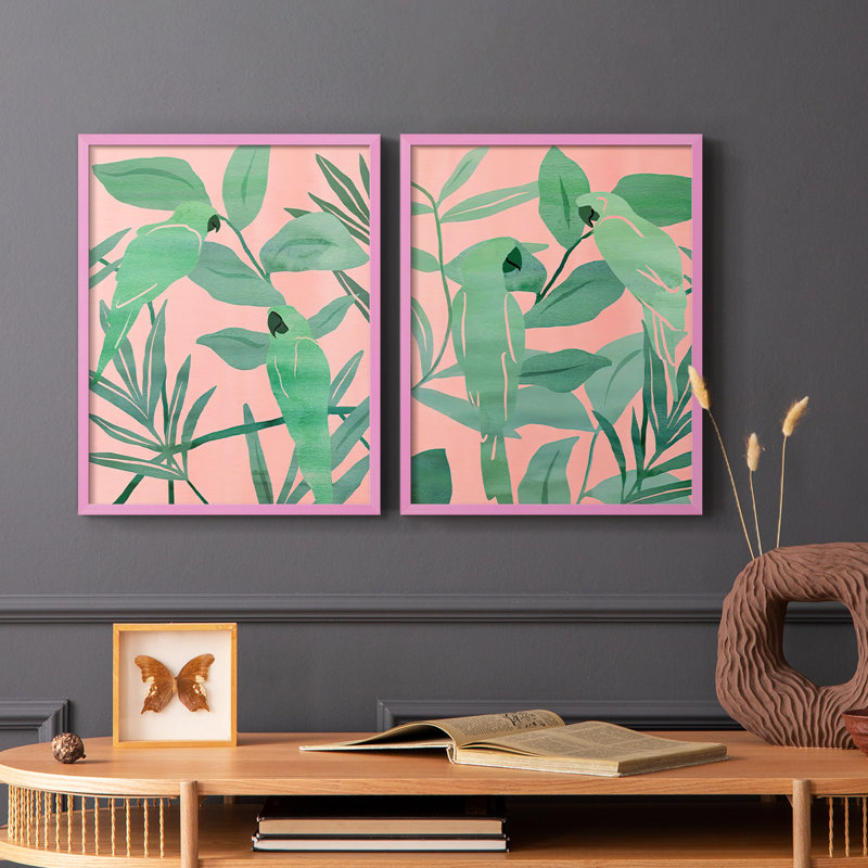 Oiseaux de paradis rose et vert, reproduction encadrée de qualité supérieure - prête à être accrochée - aucun clou requis - aucun clou requis