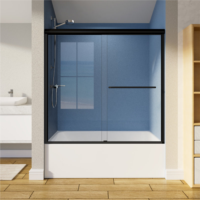 55'' - 59" W x 56'' H Double Sliding Semi-Frameless Tub Door With Clear Tempered Glass, Matte Black