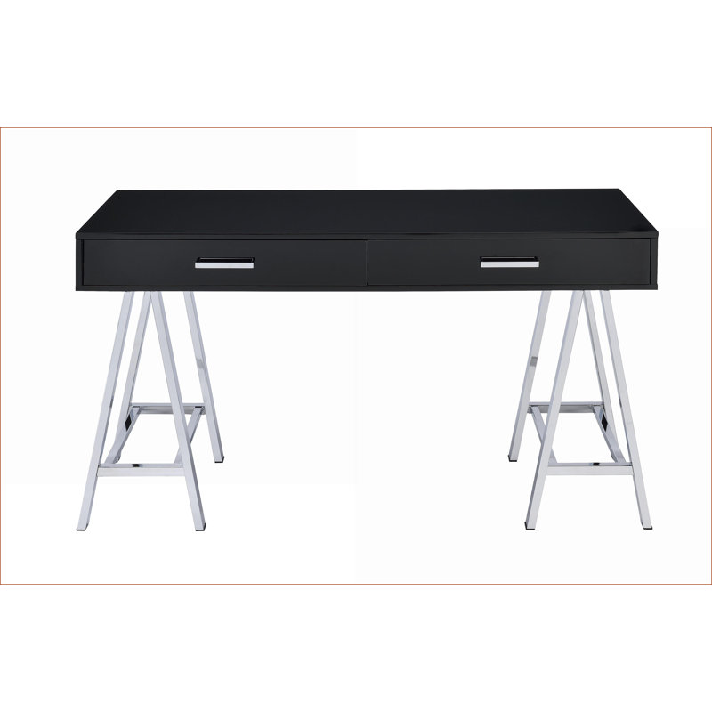 Desks, Modern Black High Gloss Writing Desk with USB Port &amp; 2 Drawers | Black | Metal,Synthetic Wood