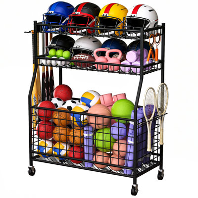 Chariot de rangement robuste pour équipement de sport à roulettes avec bacs et paniers