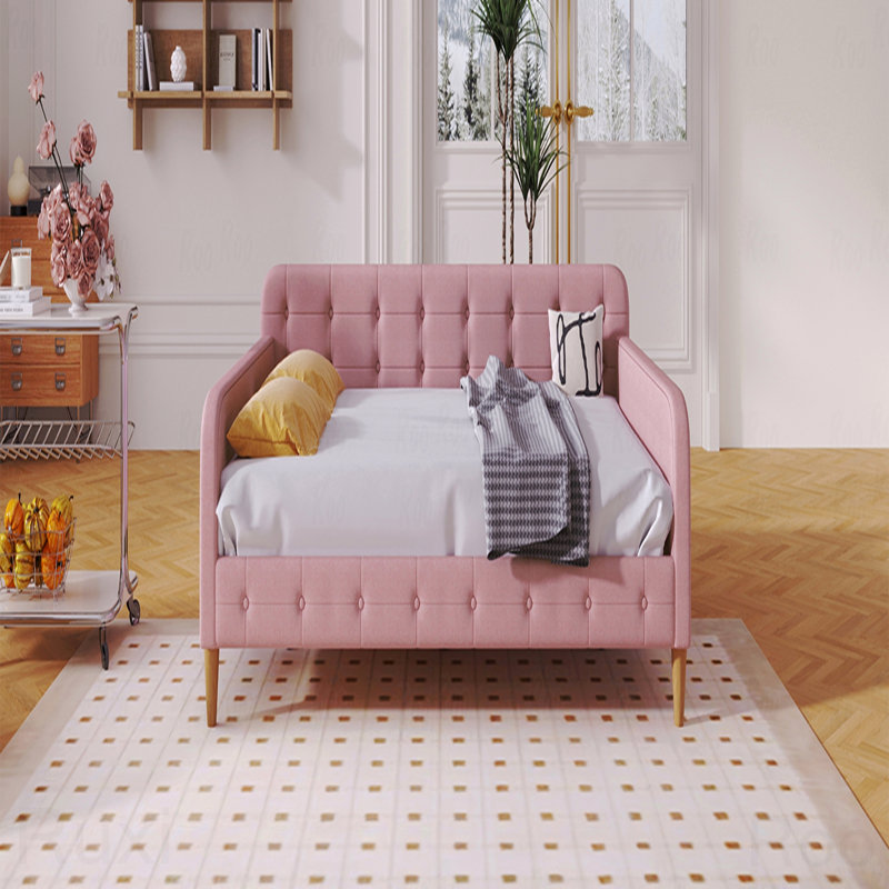 Structure de lit de jour double rembourrée, 4 pieds de support, Complet/Double, Rose