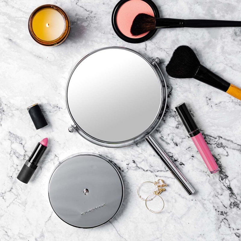 OVENTE 6'' Tabletop Makeup Mirror with 1X/7X Magnification, 360° Swivel Design, Double-Sided Free-Standing Vanity Mirror Perfect for Dresser, Bedroom and Office Desk, Polished Chrome MNLT60CH1X7X