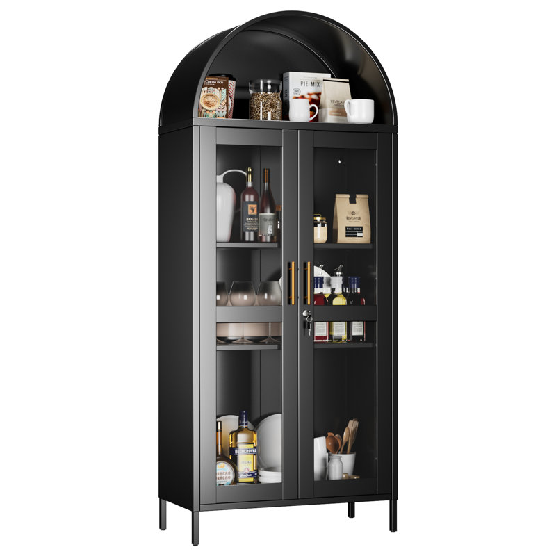 Metal Arched Cabinet With Lock, Freestanding Display Cabinet With Glass Doors And Adjustable Shelves, Modern Arched Bookshelf For Office, Kitchen, Pantry, Dining Room, Assembly Required, Black