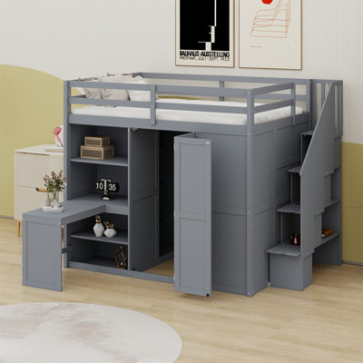 Lit mezzanine avec garde-robe, bureau et tablettes