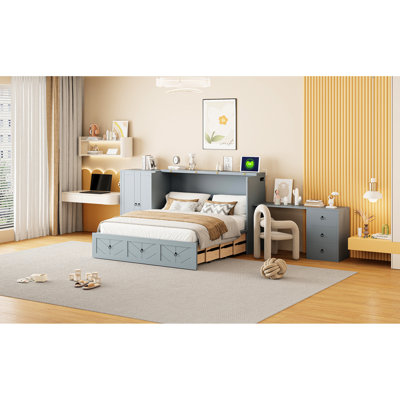 Queen Bed With Plug, Expansive Drawer And Combined Wardrobe/Desk In Gray Accessibility, Massive Space For Area Setup