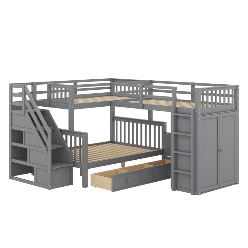Lit superposé simple au-dessus d'un lit double en L avec bureau, tiroirs et garde-robe, Gris
