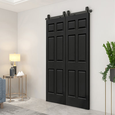 Porte de grange double en panneau de fibres à densité moyenne peinte noire 60 po x 80 po à 6 panneaux avec quincaillerie coulissante