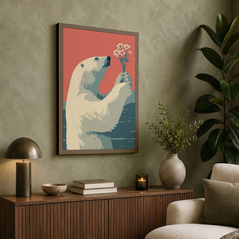 Polar Bear with Bloom Modern - Wrapped Canvas, 24x16 - 61.0 x 40.6 cm, Taupe Border