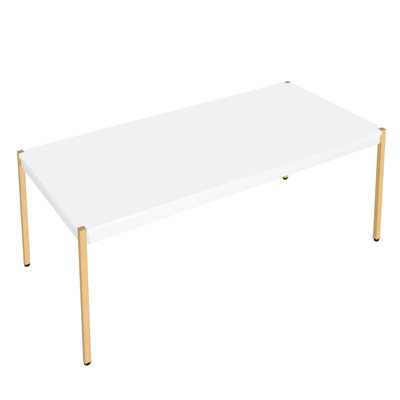Stylish White And Gold Rectangle Coffee Table, Offering Spacious Top Metal Leg Frame Contemporary Table For Primary Living Space, Boasting Desk