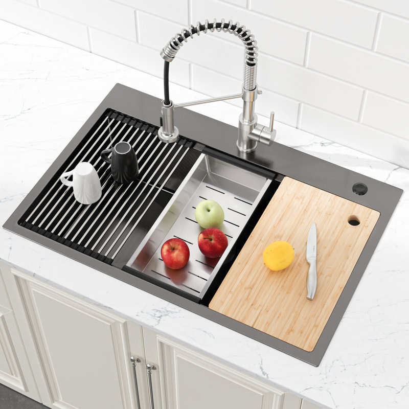 30"X22" Stainless Steel Single Bowl Kitchen Sink In Black With Coating And Sound Absorption - Prevents Stains, Reduces Noise Rounded Corners Basket Safe, Stylish, Increases Storage