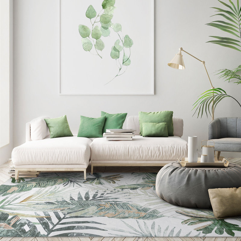 Tapis vert / ivoire lavable à la machine et pliable Jasmine, Rectangle 8 pi x 10 pi