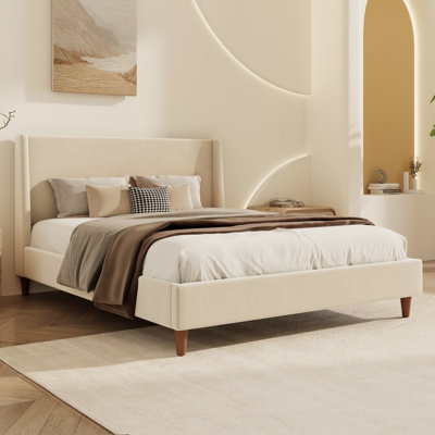 Lit plateforme tapissier moderne avec tête de lit à oreilles et pieds ronds Modern, Boucle