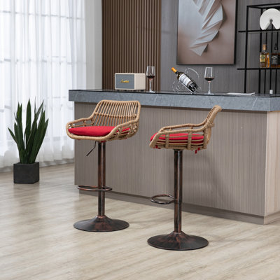 Modern Swivel Bar Stools Set of 2 Adjustable Counter Height Chairs with Footrest for Kitchen, Dining Room (Red)