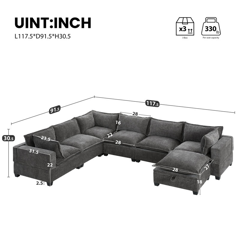 Canapé modulaire en chenille modulaire en forme de U avec repose-pieds 117,5 po, Gris chenille