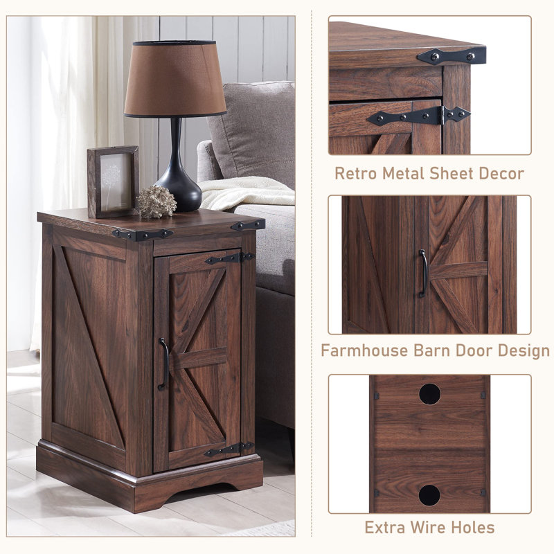 Rasema Farmhouse End Table with Charging Station, Wood Nightstand with Barn Door, Adjustable Storage Shelf, Brown