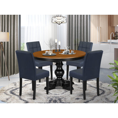 Ensemble de table de salle à manger 5 pièces comprenant une table de cuisine et 4 chaises en tissu de polyester bleu marine foncé avec dossier élégant - Noir