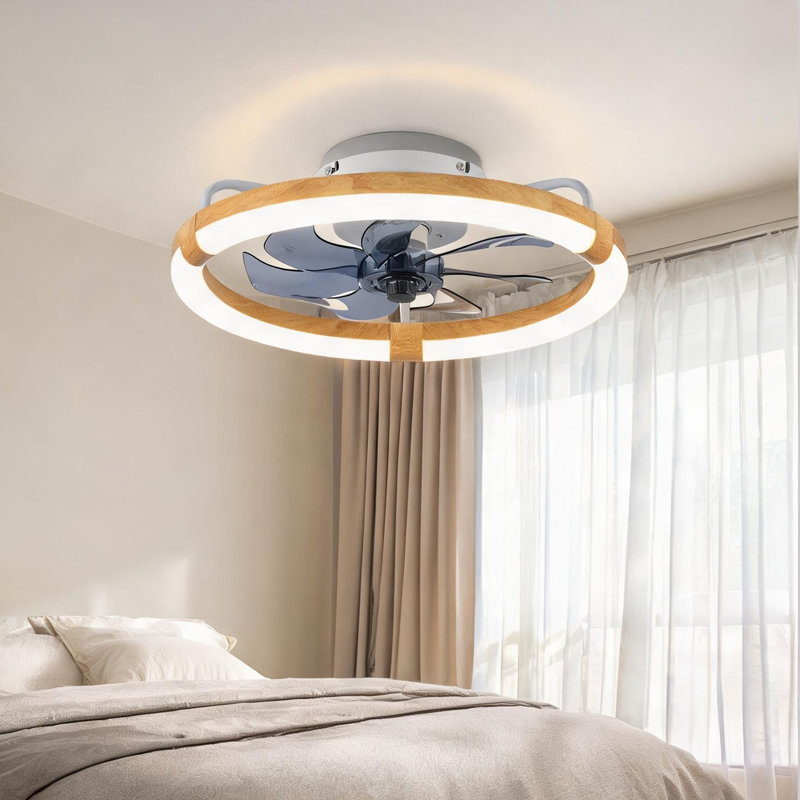 Ventilateur de plafond en cage de 20 pouces avec ensemble d'éclairage à DEL et télécommande en blanc et bois naturel, moteur à courant continu à 6 vitesses, idéal pour le salon ou la chambre à coucher
