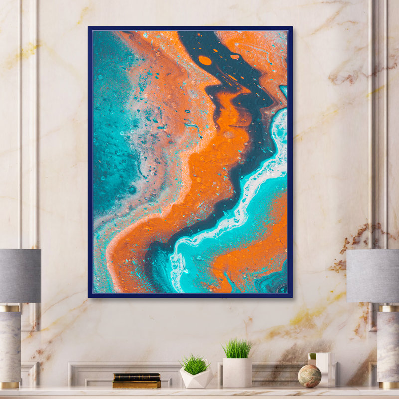 Composition abstraite de marbre en bleu et orange I - peinture sur toile, H 32 po x l 16 po x P 1 po, Cadre flottant bleu