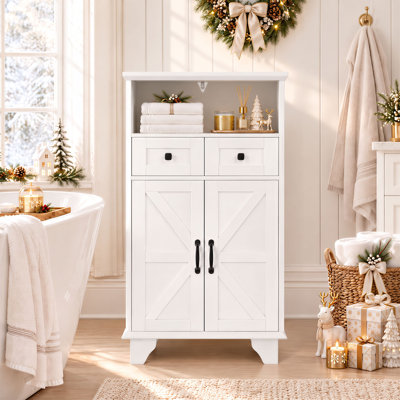 Armoire à linge haute, meuble de rangement de salle de bain autoportant avec 2 portes et 2 tiroirs, armoire à serviettes de style campagnard