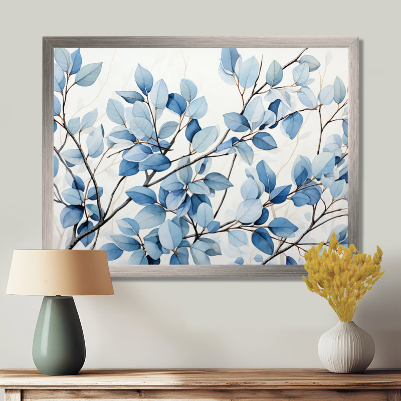 «Blue and Gray Leaves», art mural encadré feuilles, H 30 po x l 40 po x P 1,5 po, Cadre simple argenté