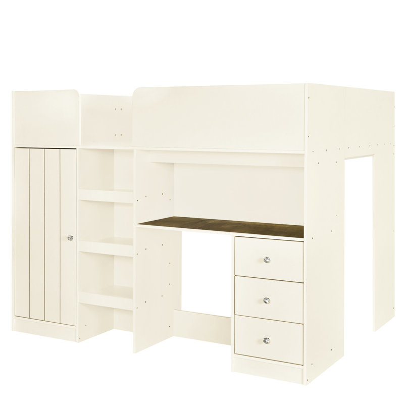Beige Loft Wood Bed With Built-in Desk, Wardrobe And Storage - Design Full Size Storage, Wardrobe, Desk & Drawers In