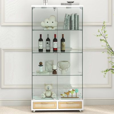 Vitrine moderne en verre avec grands tiroirs, armoire antique à assemblage rapide avec lumières DEL, bibliothèque en verre emperé, armoire de rangement à 2 portes avec 4 tablettes pour le salon et la chambre à coucher, buffet blanc et naturel