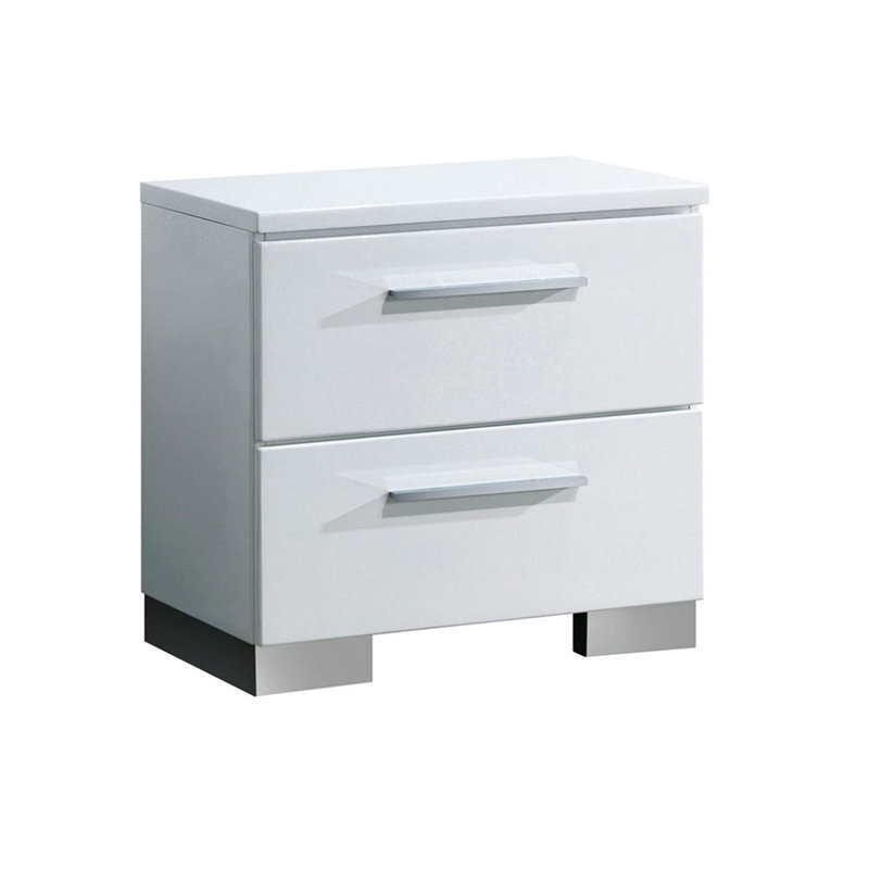 Table de chevet 2 tiroirs en bois, blanc brillant