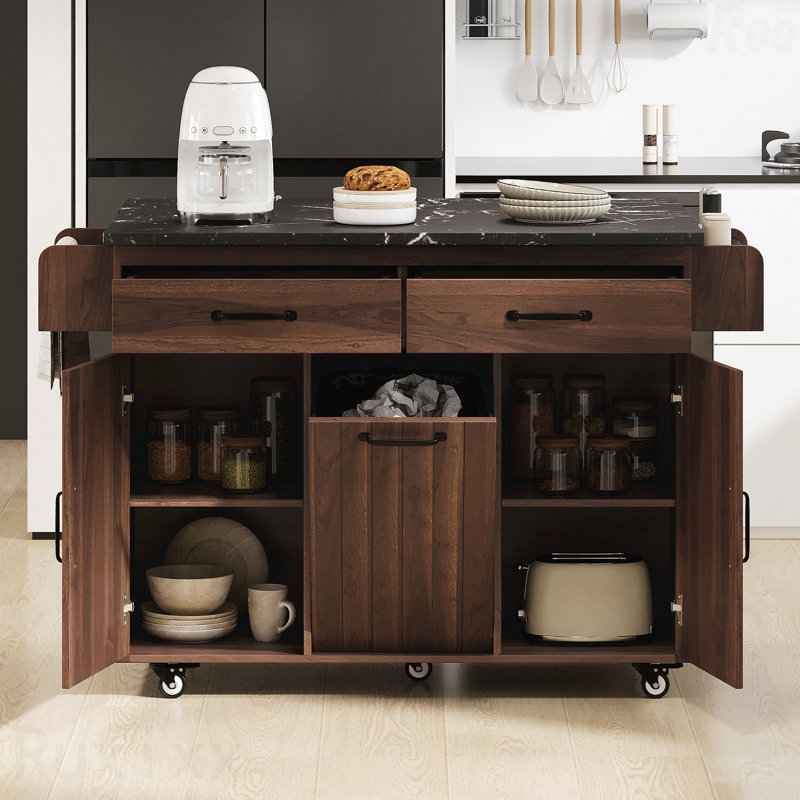 Drop-Leaf Rolling Kitchen Island with Storage & Wheels, Walnut Brown, Brown