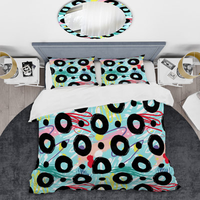 Motif de cercles noirs et bleus - ensemble de housse de couette abstrait - microfibre de polyester