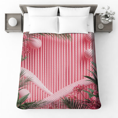 Pink Floral Palm Leaves Quilted Bedspread All Sizes