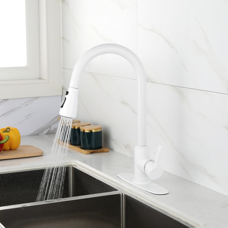 Robinet de cuisine en acier inoxydable blanc, douchette extractible pour une utilisation pratique, buse rotative à 360 °, deux réglages de débit d'eau, simple et facile, contrôle simple blanc avec douchette, sophistiqué moderne