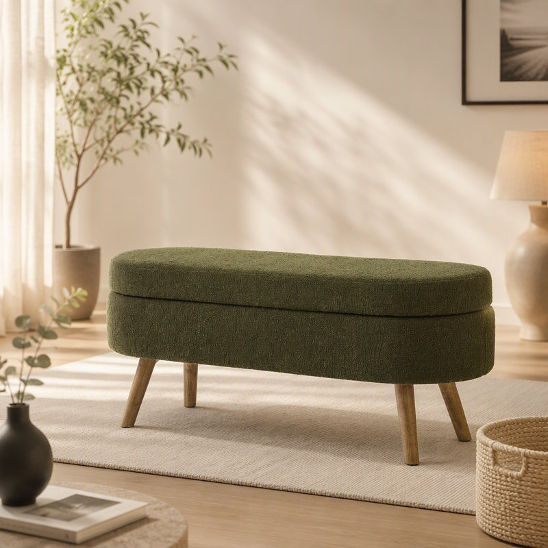 Banc de rangement repose-pieds ovale avec pieds en bois d'hévéa, Grey