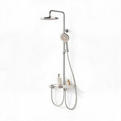 Shower Riser Rail Kit with Shelf –Rainfall Overhead Shower Head – 3+1 Function Handheld Shower & Spray Tool – Adjustable Height – Anti-Leak Hose – Wall Mounted – Includes Handheld Hose Set