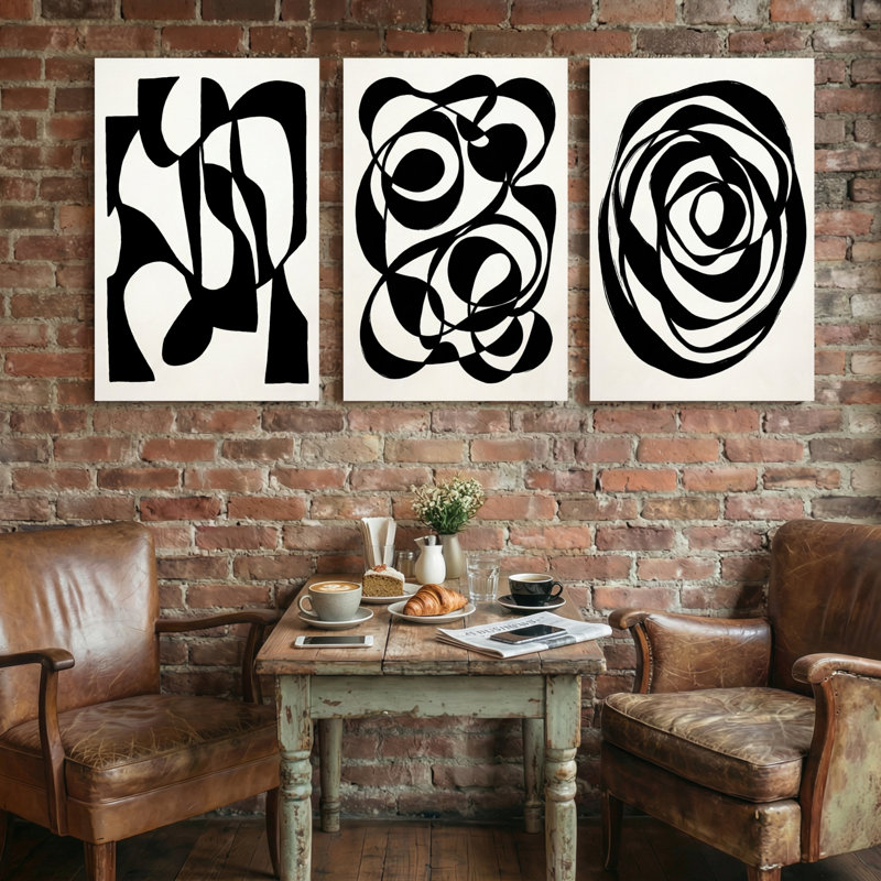 Abstrait abstrait noir et blanc, 18” H x 36” W