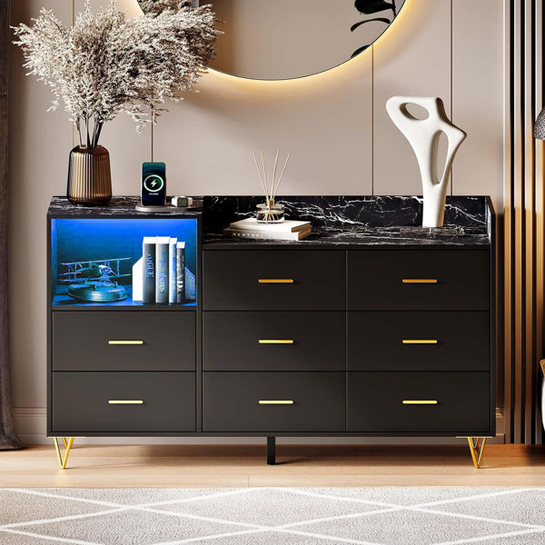 Fluted 4-Drawer Dresser With LED Lights & Charging Station - Modern Farmhouse Nightstand, Natural Oak