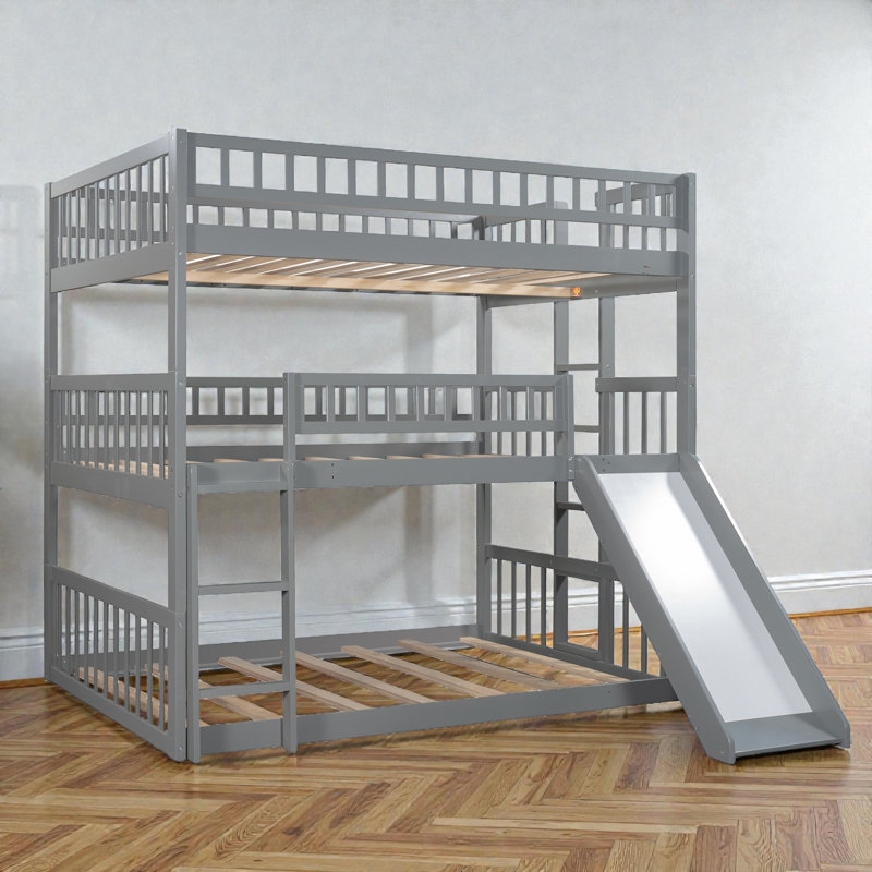 Full-Over-Full-Over-Full Triple Bunk Bed, Wood, Built-In Ladder & Slide, Contemporary, Kids & Teens Room, Gray