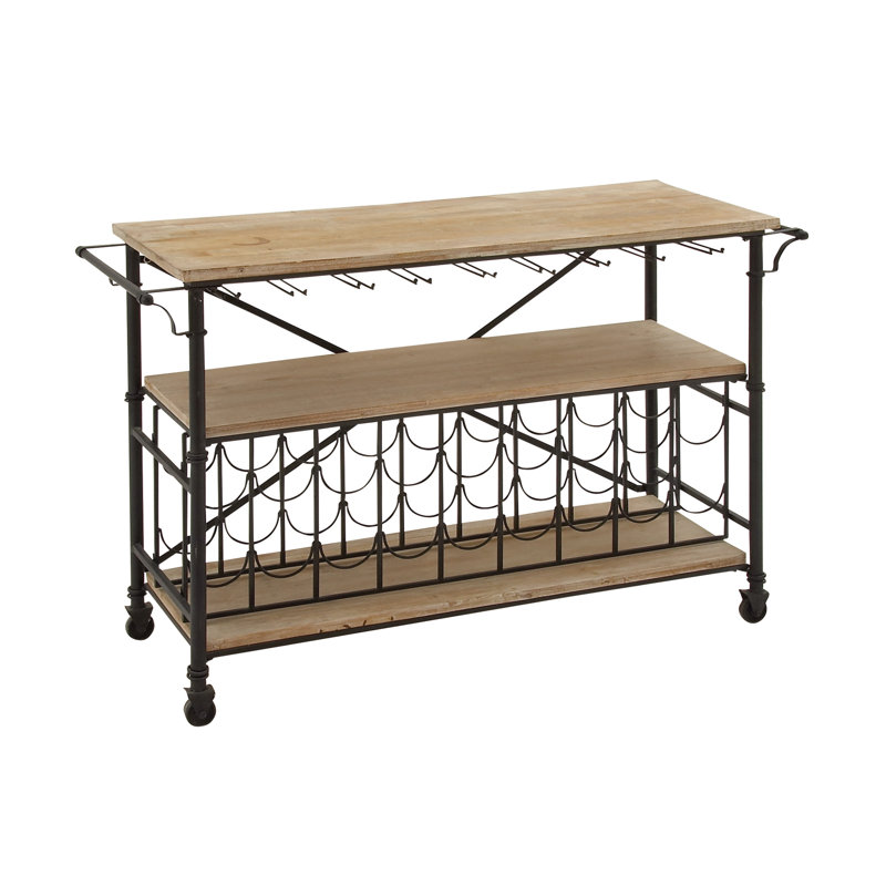 Industrial Black Iron and Fir Beverage Cabinet with Wine Storage