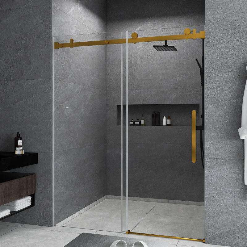 56-60 "W X 76" H Frameless | Single Sliding | Shower Door | 1/4 Inch Transparent Glass With Explosion Proof Film | Stainless Steel Handle | Square Tube Track | Brushed Gold