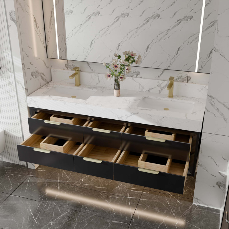 Meuble-lavabo mural de 60 po avec armoire en bois massif Melora, comptoir en pierre naturelle, tiroirs à fermeture en douceur et éclairage de designer DEL Melora