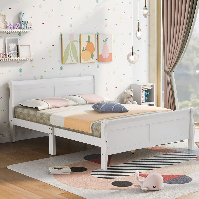 Wood Platform Bed With Headboard And Wooden Slat Support, Full, White