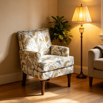 Upholstered Floral Accent Chair with Nailhead Trim & Solid Wood Legs, Farmhouse Armchair for Living Room & Bedroom – Gold & Grey Print