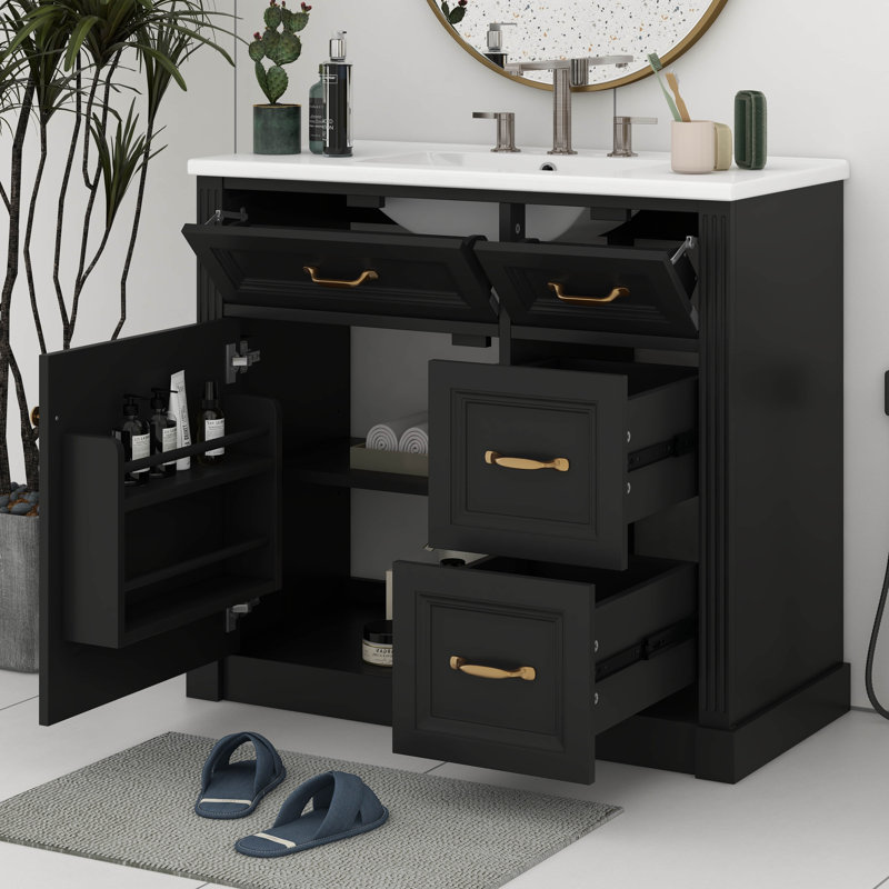 Meuble-lavabo 36 po avec lavabo, lavabo simple avec 4 tiroirs, porte à fermeture en douceur et tablette réglable, lavabo en céramique