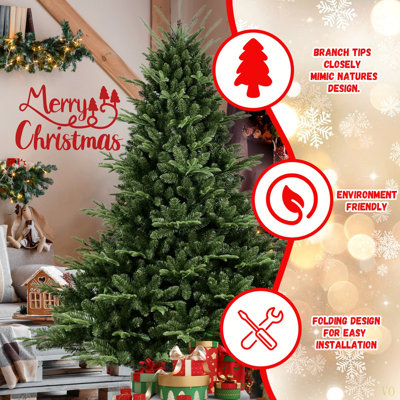 Arbre de Noël pleine forme 7 pi avec 2257 pointes - aiguilles mixtes en PE / PVC, base large pour les grands espaces, structure à charnières pour une installation facile, support en métal pour un soutien solide
