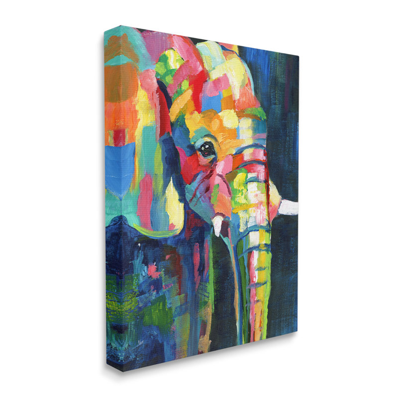 «Contemporary Elephant Abstract Patchwork Rainbow» par Nan - Peinture sur toile, Toile tendue, H 48 po x l 36 po